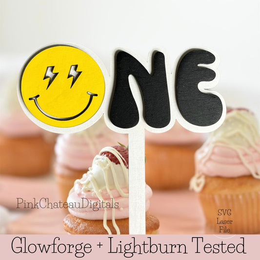 1st Birthday Preppy Happy Face One Cake Topper SVG Laser Cut File | Glowforge & Lightburn Tested | Acrylic or Wood